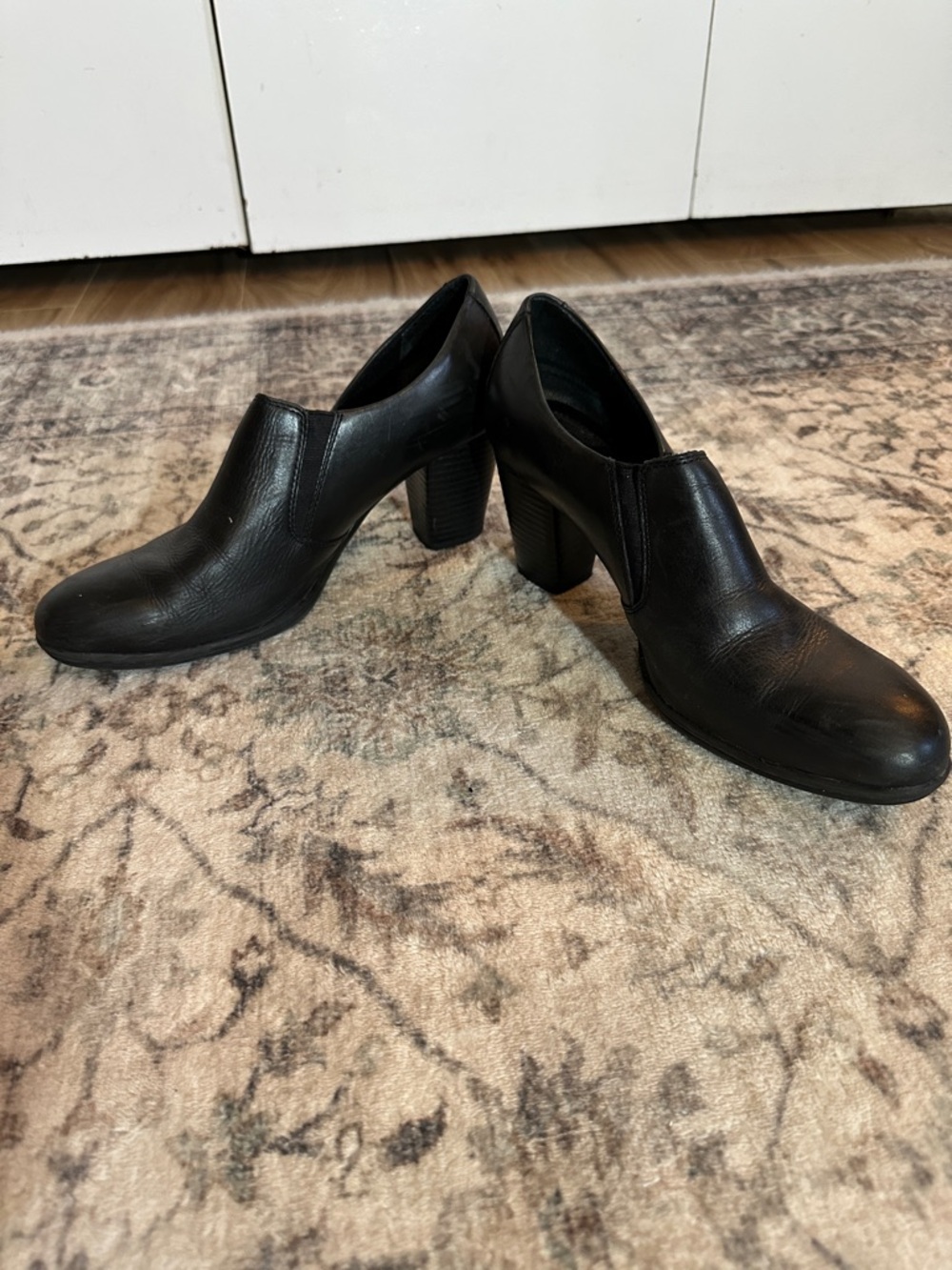 boc Black Leather Block Heel Ankle Booties